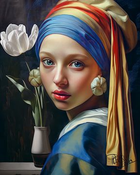 Modern Girl with a Pearl Earring VII Johannes Vermeer tulips by René van den Berg
