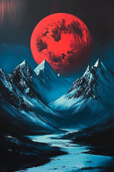 Roter Mond über schneebedeckten Bergen von Poster Art Shop