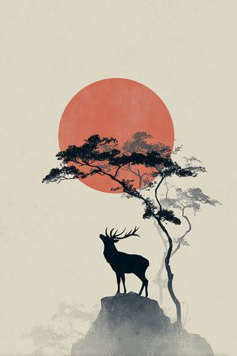 Hirsch bei Roter Sonne in Nebliger Stille