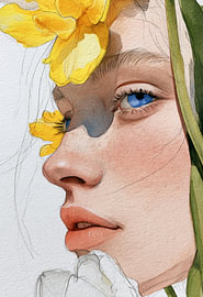 Vrouwenportret met Blauwe Ogen en Gele Bloemen van SPEQ ART