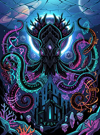 Grafische Illustration: Kosmisches Kraken-Seemonster, Runen, Tentakel, Stadt in den Tiefen des Abgrunds von The Deeper Way