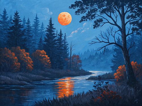 Hemelse Oranje Maanverlichte Rivier Sereniteit - Een Etherisch Nachtlandschap Schilderij