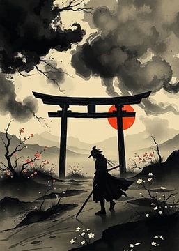 Peinture à l'encre de samouraï avec porte Torii