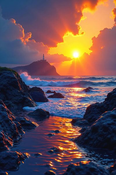 Coastal Sunset with Lighthouse and Rocky Shore by Markus Gann