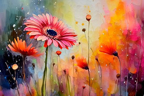 Botanisch Abstract. Dromerige Bloementuin met  roze Gerbera's