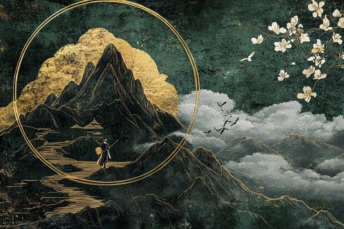 Abstract berglandschap in goud en groen op rijstpapier