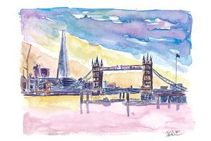 Modern Londen UK Zonsondergang met Tower Bridge en wolkenkrabbers van Markus Bleichner