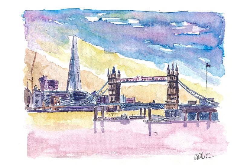 Moderner London UK Sonnenuntergang mit Tower Bridge und Wolkenkratzern von Markus Bleichner