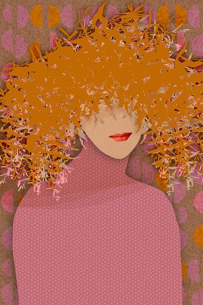Retro portrait of a woman in pastel pink, dark orange and brown by Dina Dankers