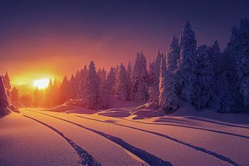 Winterlandschaft mit Sonnenuntergang im Wald, Illustration 02