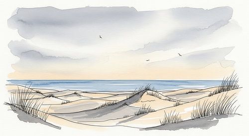 Aquarelverfschilderij van kustduinen met oceaan en bewolking