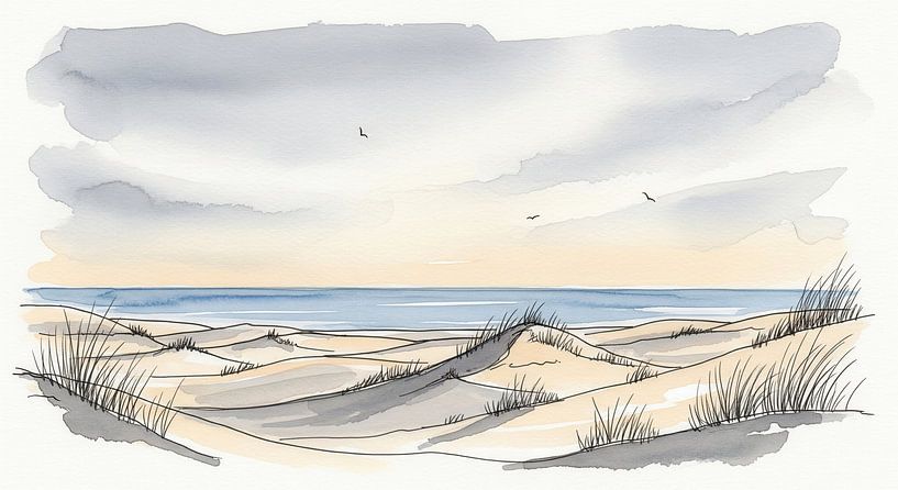 Watercolor Painting of Coastal Sand Dunes with Ocean and Cloudy  by Markus Gann