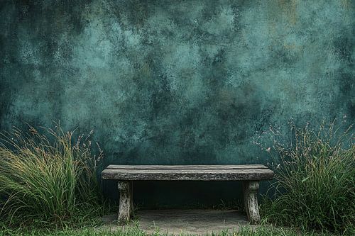 Banc rustique en bois près d'un mur sarcelle