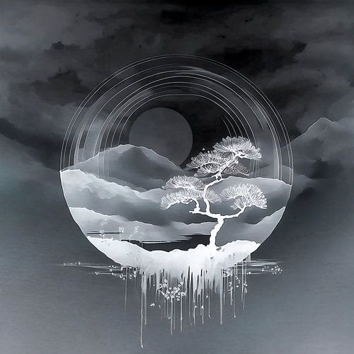 Besondere japanische Berglandschaft in Monochrom