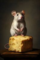 Maus steht auf einem Stück Käse