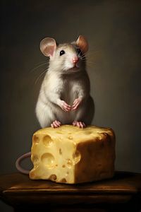 Maus steht auf einem Stück Käse