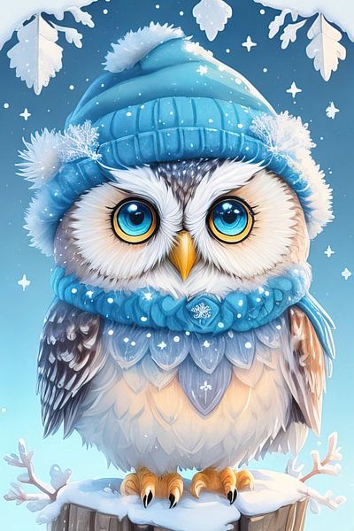Illustration d'un hibou mignon avec un chapeau bleu par Laly Laura