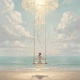 Mädchen auf einer Quallen-Schaukel – Gold- & -Cremeweiß – Surrealistisches Porträt von Kleurenrijk
