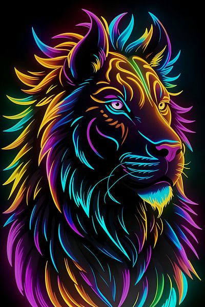 Lion colored neon art by Makar Mokrynskyi