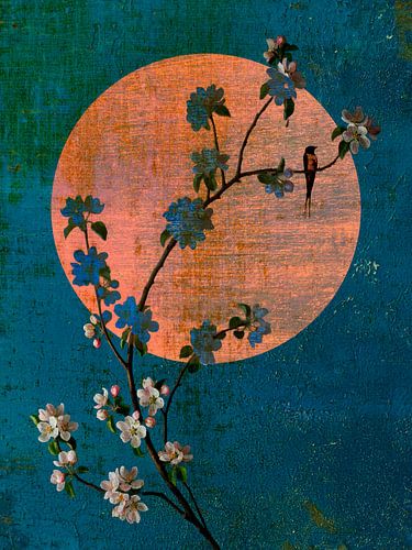 Japanische Kunst: Zweig mit Kirschblüte und Mond (Mischtechnik)