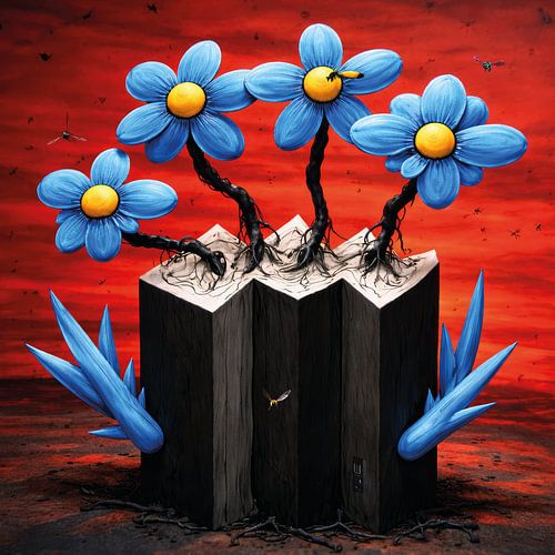 Fleurs bleues dans un environnement rouge