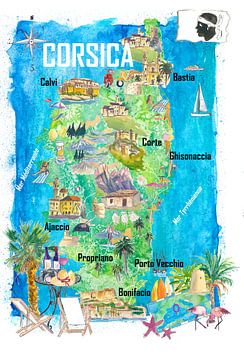 Illustrierte Reisekarte der Insel Korsika, Frankreich – Ajaccio, Bonifacio, Calvi und Bastia – Berühmte Sehenswürdigkeiten