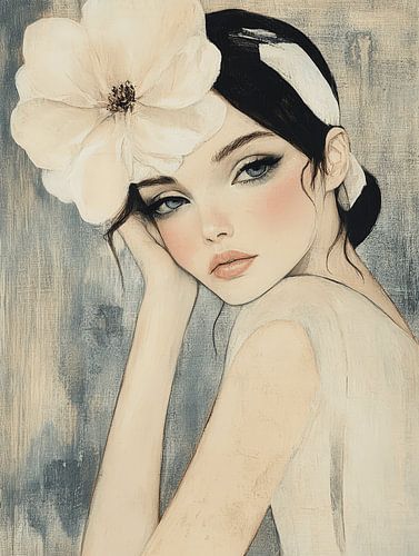 Portret met grote bloem in pastelkleuren