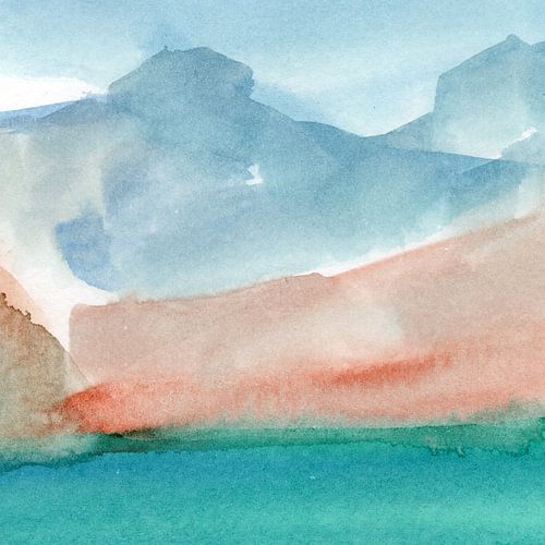 Modern abstract aquarel landschap in turquoise, blauw, bruin nr. 2