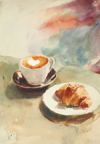 Coffee and croissant in watercolour