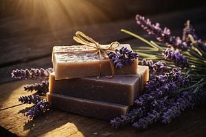 Lavande et savon à la lavande dans la lumière du matin