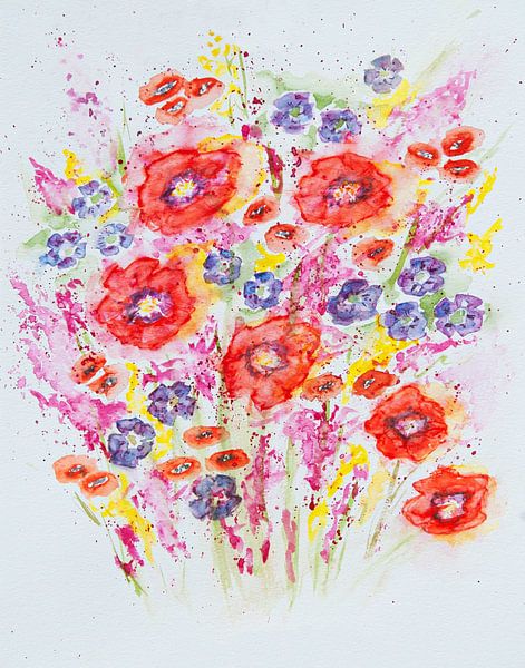 Aquarell eines farbenfrohen Blumenstraußes von Bianca ter Riet