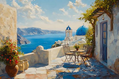 Blauwe koepels en glinsterende zee