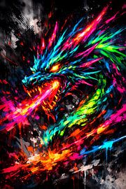 Dragon néon cracheur de feu – Fresque murale fantastique expressive dans un style street art moderne sur ButterflyPix