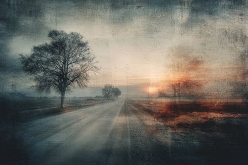 Mistige Weg - Blauw en rood Mysterieus Kunstwerk