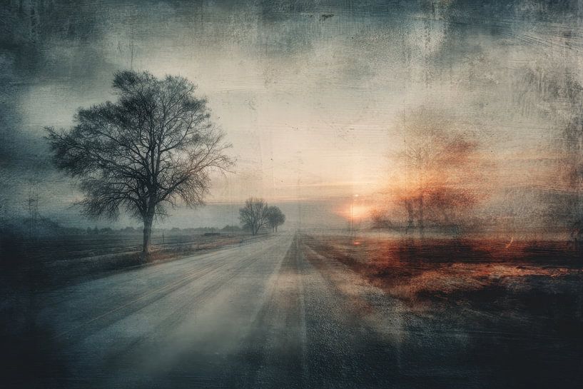 Foggy Road - Blau und rot Mysteriöses Kunstwerk von BowiScapes Abstrakt und digitale Kunst