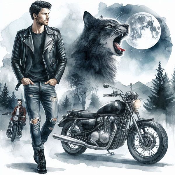 man with motorbike and cat by Bernhard Karssies