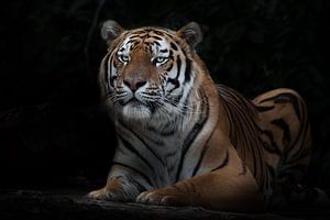 Aufgerichtet vor dem Wurf. aufgeschreckt vom sitzenden Tiger, Amur-Tiger, schwarzer Hintergrund von Michael Semenov