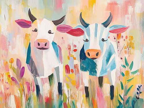 Kühe im Garten | Fröhliche Kühe im Garten von Blickfänger Gemälde