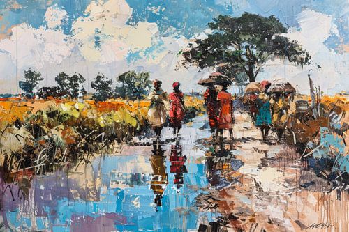 Landschap Figuren bij Water Kleurrijke Reflectie Scene