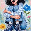 Illustration eines fröhlich lachenden Mädchens, das mit Blumen sitzt und blaue Turnschuhe und ein ge von ChrisWillemsen