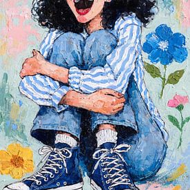 Illustration eines fröhlich lachenden Mädchens, das mit Blumen sitzt und blaue Turnschuhe und ein ge von ChrisWillemsen