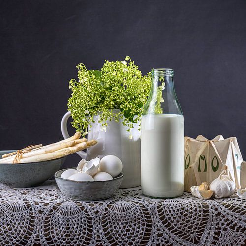 Still life bottle of milk, eggs, asparagus, garlic by Susan Chapel
