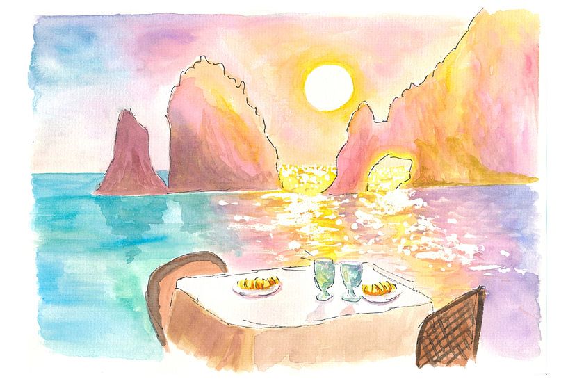 Cabo San Lucas Romantische Tafel met Uitzicht op Zee, Zonsondergang en Rotsen van Markus Bleichner