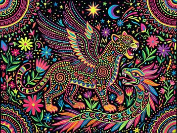 Vibrant Alebrije Style Winged Jaguar and Feathered Serpent Illustration