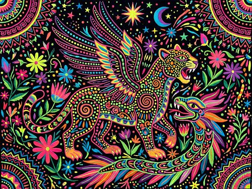 Levendige illustratie in Alebrije-stijl van een gevleugelde jaguar en een gevederde slang