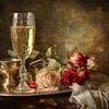 Champagne en Rozen - Goud Romantisch Schilderij van Joriali Fine Art