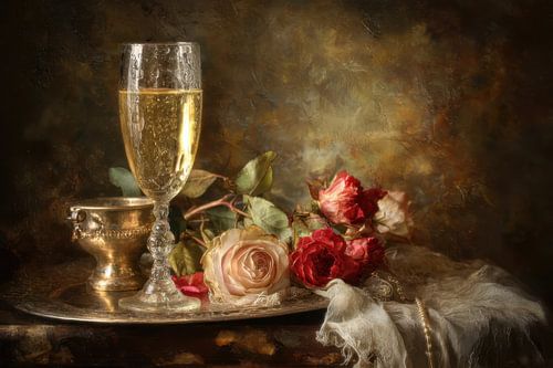 Champagne en Rozen - Goud Romantisch Schilderij