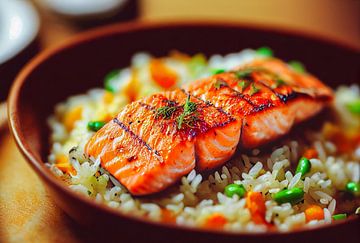 Grilled salmon steak with rice Illustration by Animaflora PicsStock
