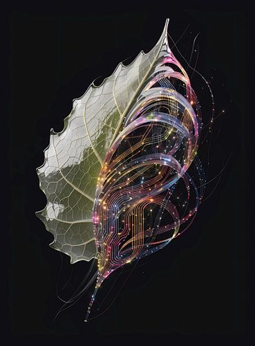 Futuristic Leaf Fusion Art – Cyber Botanical Poster – Neon Plant Wall Decor