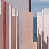 Muralla Roja reisfotografie print ᝢ abstracte roze architectuurfoto van Hannelore Veelaert